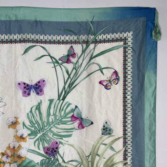 Johnny Was Silk Scarf Butterflies Floral Tropical Print Blue Green Tassels - Picture 4 of 9